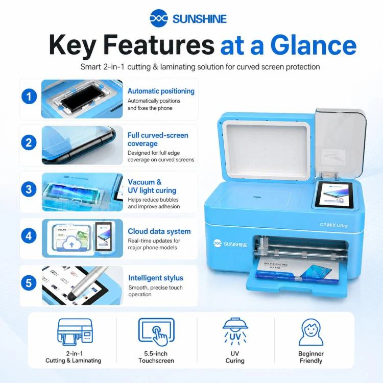 SUNSHINE C3 Mix Ultra 12.9-inch Smart Vacuum Auto-positioning Cutting & Laminating Machine with UV Curing, Plug:AU Plug - Image 9