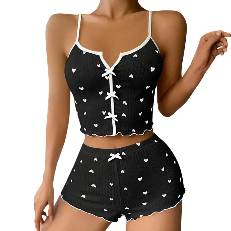 Suspender Shorts Sexy Bow Print Milk Silk Pajamas Set, Size: L(Black Background White Heart)