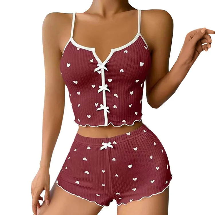 Suspender Shorts Sexy Bow Print Milk Silk Pajamas Set, Size: M(Wine Red)