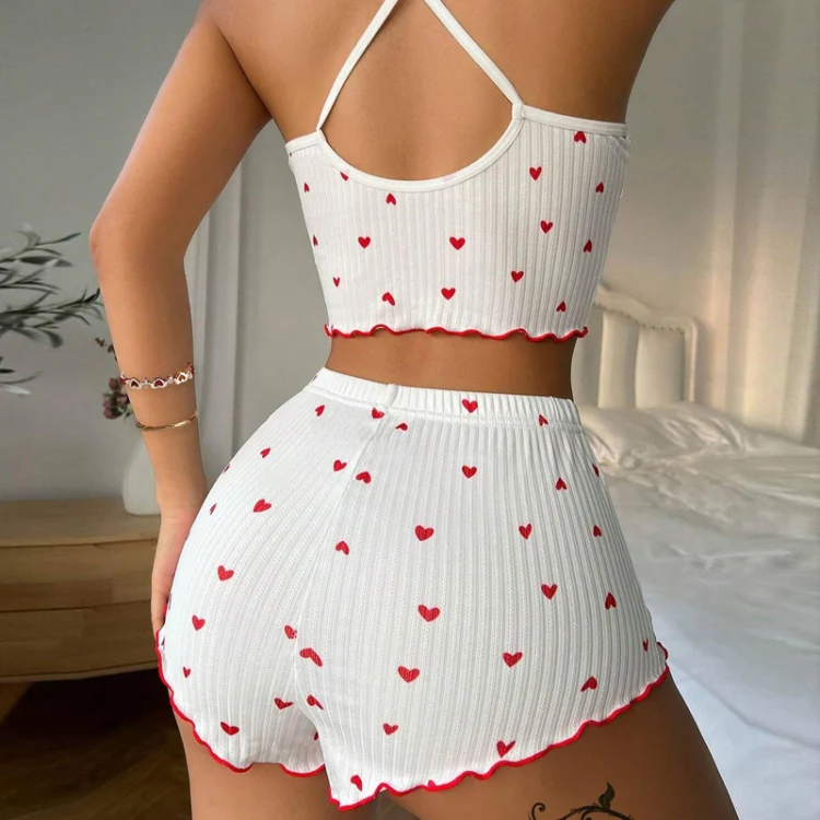Suspender Shorts Sexy Bow Print Milk Silk Pajamas Set, Size: S(Pink) - Image 4