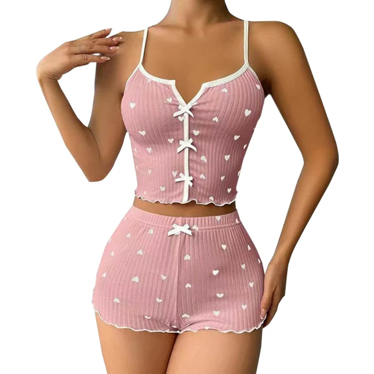 Suspender Shorts Sexy Bow Print Milk Silk Pajamas Set, Size: XL(Pink)