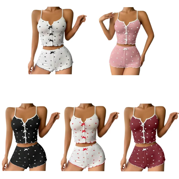 Suspender Shorts Sexy Bow Print Milk Silk Pajamas Set, Size: XL(Pink) - Image 2