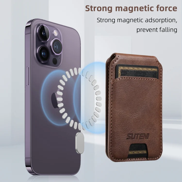Suteni S2 Phone Magnetic Card Case Card Sleeve MagSafe Magnetic Coil PU Leather(Brown) - Image 3