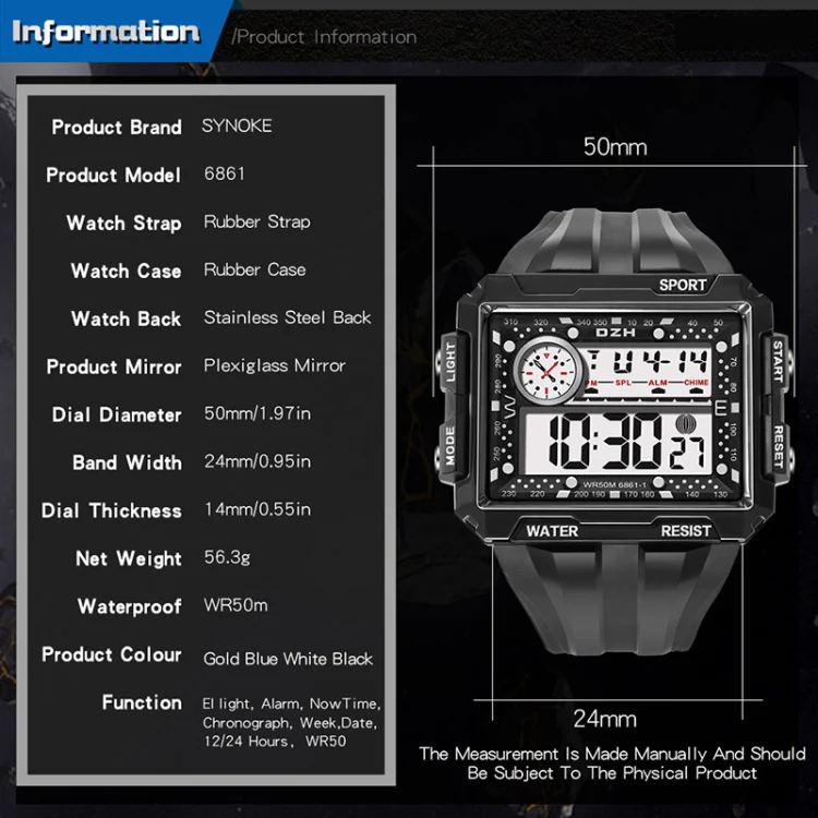 SYNOKE 6861 Outdoor Luminous Waterproof Multi-Function Square Large Screen Display Sports Electronic Watch(Black) - Image 7