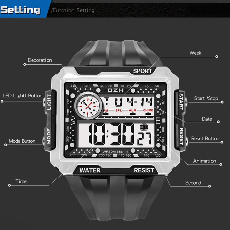 SYNOKE 6861 Outdoor Luminous Waterproof Multi-Function Square Large Screen Display Sports Electronic Watch(Black Bead White) - Image 4