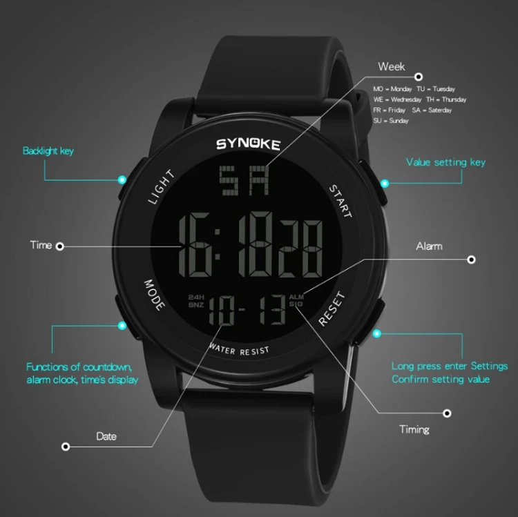 SYNOKE 9002 Men Outdoor Waterproof Sports Watch Multifunctional Luminous Digital Watch(Army Green) - Image 4
