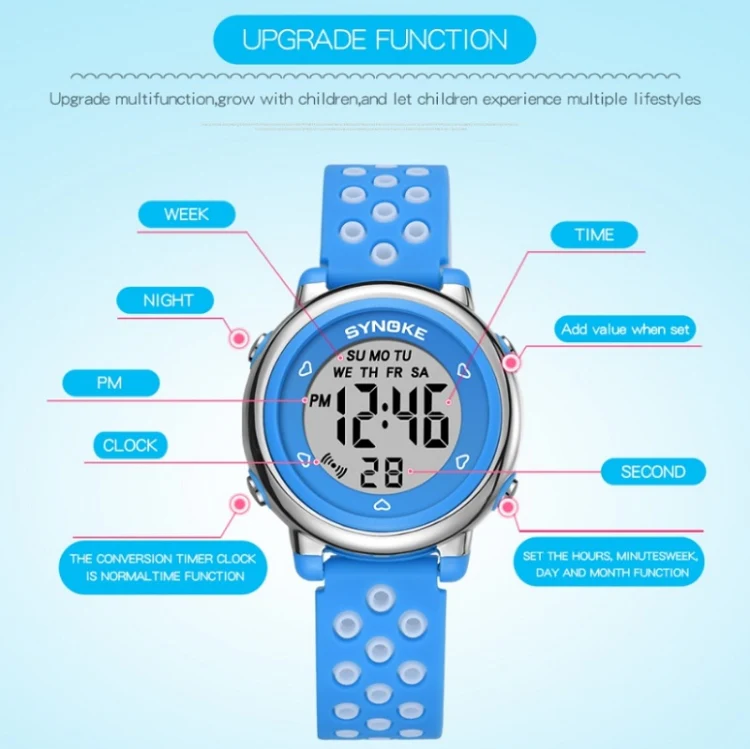 SYNOKE 9112 Waterproof Alarm Luminous Large Screen Colorful Children Digital Watch(Two-color Blue) - Image 5