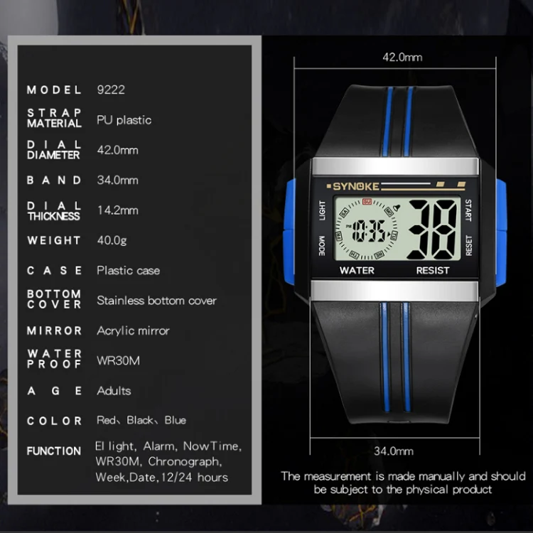 SYNOKE 9222 Men Large Screen Square Multi-Function Waterproof Luminous Electronic Watch(Black) - Image 7