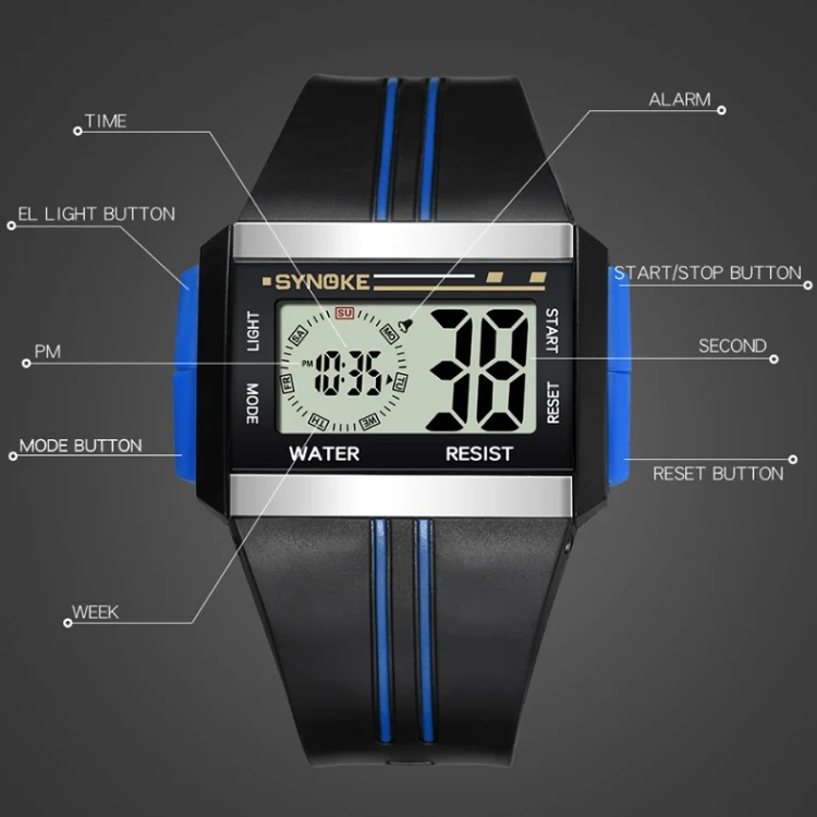 SYNOKE 9222 Men Large Screen Square Multi-Function Waterproof Luminous Electronic Watch(Blue) - Image 4