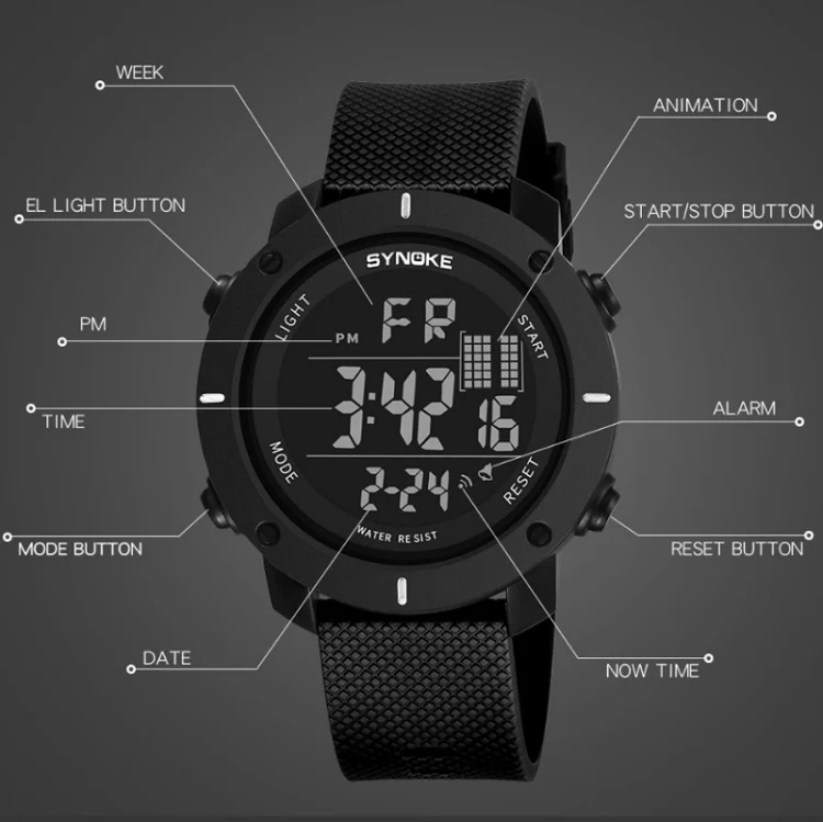 SYNOKE 9658 Student Outdoor Multi-Function Waterproof Large Dial Sports Electronic Watch(Black) - Image 3