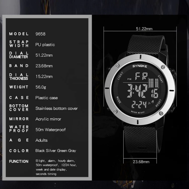 SYNOKE 9658 Student Outdoor Multi-Function Waterproof Large Dial Sports Electronic Watch(Black) - Image 7