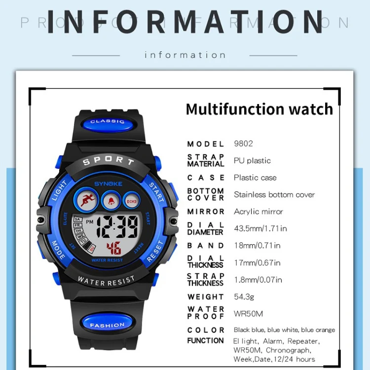 SYNOKE 9802 Children Sports Waterproof Digital Watch(Blue White) - Image 6