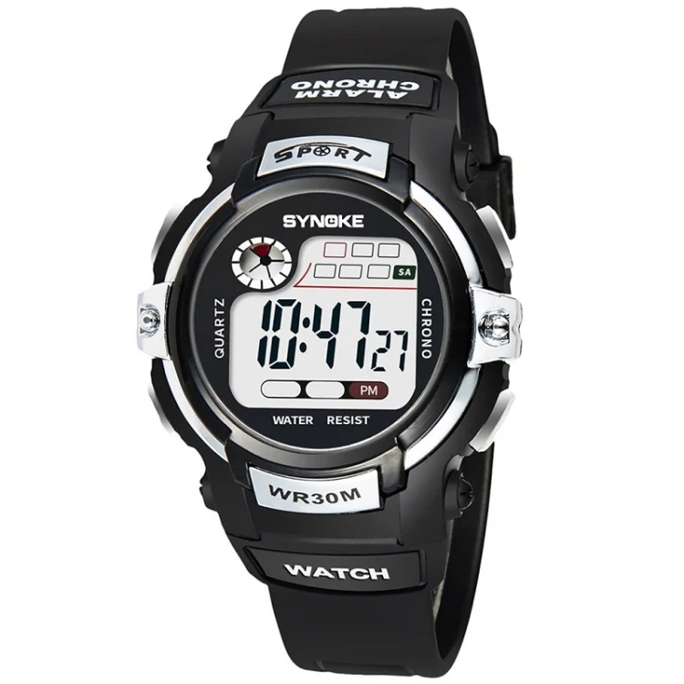 SYNOKE 99569 Children LCD Luminous Waterproof Electronic Sports Watch(Black Silver)