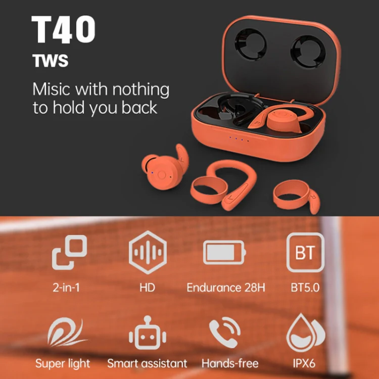 T&G T40 TWS IPX6 Waterproof Hanging Ear Wireless Bluetooth Earphones with Charging Box(Black) - Image 2