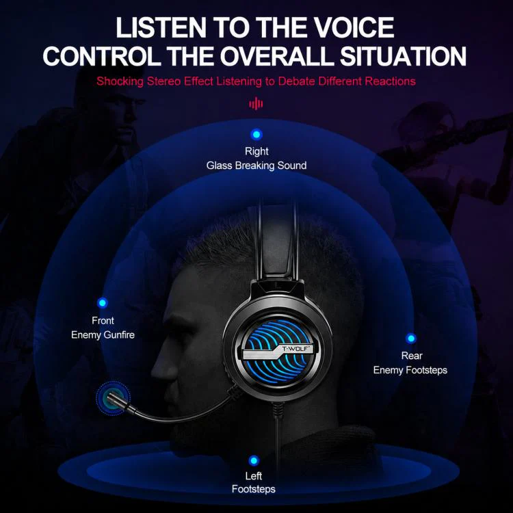 T-WOLF H130 Dual 3.5mm and USB Gaming Headset with Microphone RGB Luminous Wired PC Headphones(Black) - Image 6
