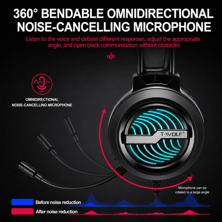 T-WOLF H130 Dual 3.5mm and USB Gaming Headset with Microphone RGB Luminous Wired PC Headphones(Black) - Image 7
