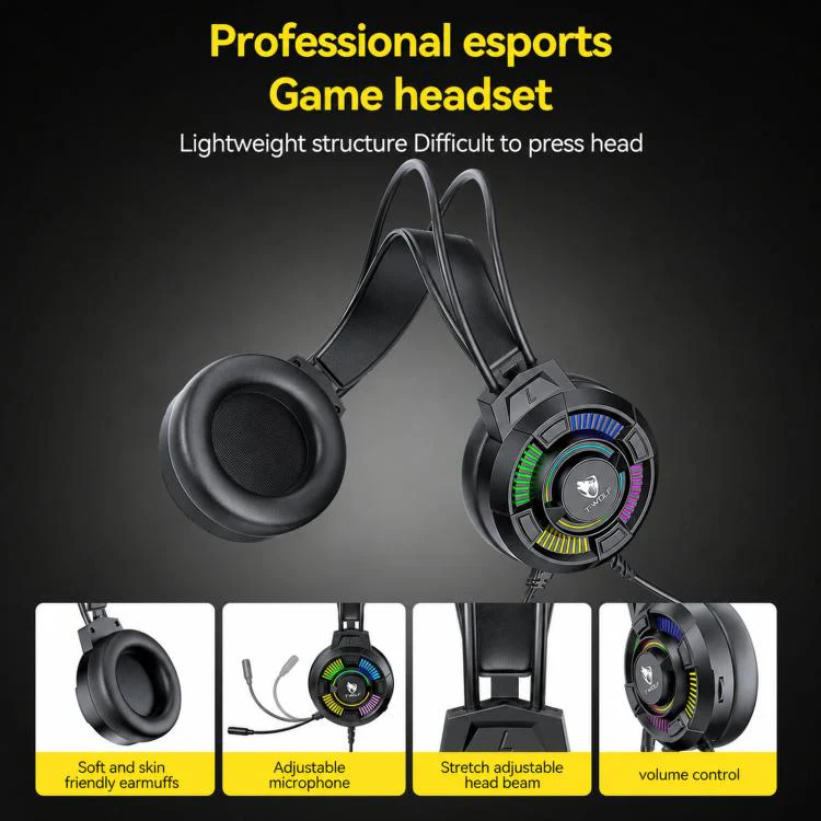 T-WOLF H140 Gaming Headset with Microphone 7.1 Surround Sound Wired PC Gaming Headphones With RGB Light(Black) - Image 4