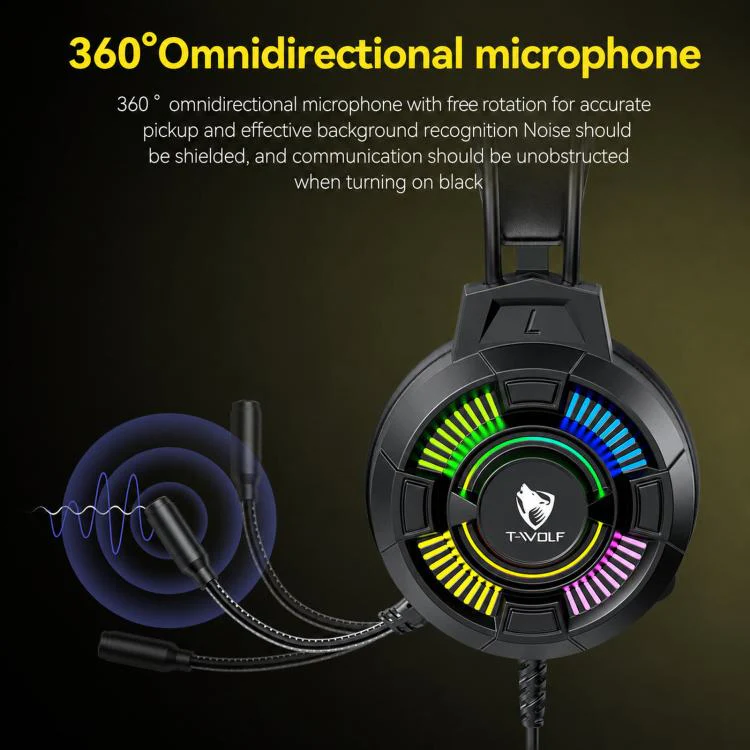 T-WOLF H140 Gaming Headset with Microphone 7.1 Surround Sound Wired PC Gaming Headphones With RGB Light(Black) - Image 8