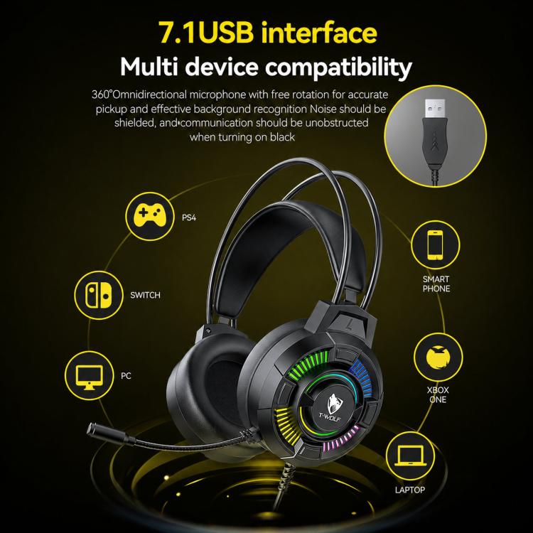 T-WOLF H140 Gaming Headset with Microphone 7.1 Surround Sound Wired PC Gaming Headphones With RGB Light(Black) - Image 9
