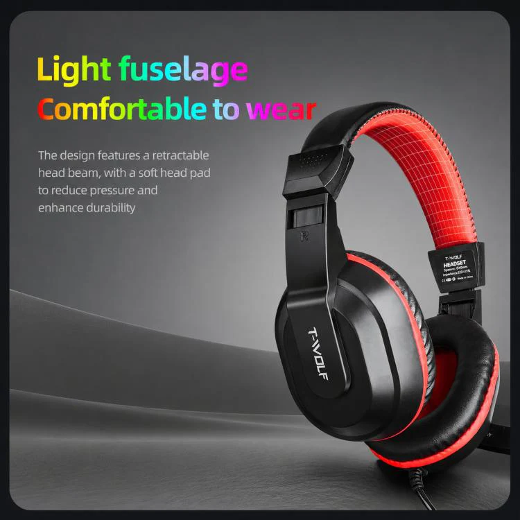 T-WOLF H150 Dual 3.5mm Plugs Gaming Headset with Microphone Over-Ear Stereo Wired PC Headphones with 40mm Speaker Drivers(Black Red) - Image 7