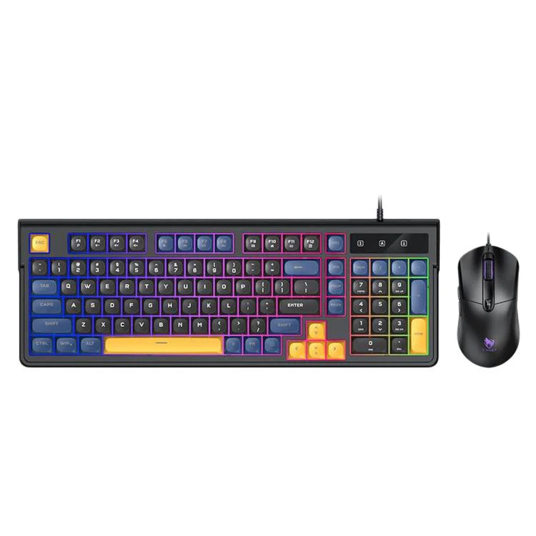 T-WOLF TF330 Wired Keyboard And Mouse Combo 3-Color Block Retro Gaming Keyboard With 98-Key Compact Layout, RGB Backlit(Black Blue)
