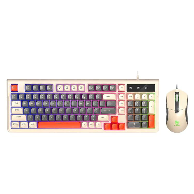 T-WOLF TF330 Wired Keyboard And Mouse Combo 3-Color Block Retro Gaming Keyboard With 98-Key Compact Layout, RGB Backlit(Milk Tea)