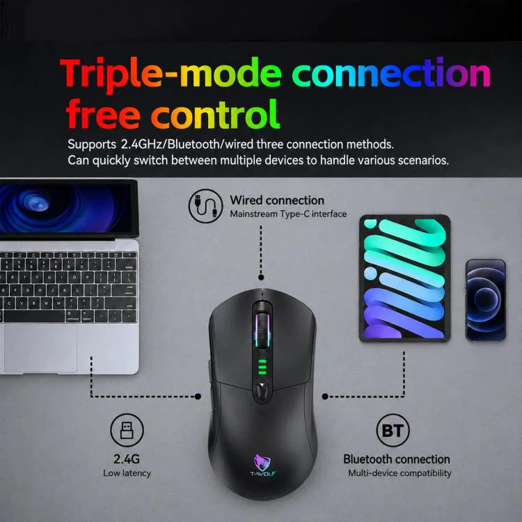 T-WOLF X5 Tri-Mode Wireless Gaming Mouse 12800 DPI Adjustable Rechargeable Gamer Mouse With RGB Backlit(Black Orange) - Image 6