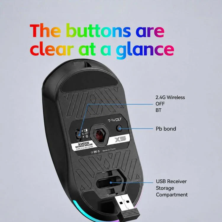 T-WOLF X5 Tri-Mode Wireless Gaming Mouse 12800 DPI Adjustable Rechargeable Gamer Mouse With RGB Backlit(Black Red) - Image 10