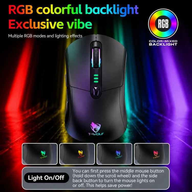 T-WOLF X5 Tri-Mode Wireless Gaming Mouse 12800 DPI Adjustable Rechargeable Gamer Mouse With RGB Backlit(Black Red) - Image 3