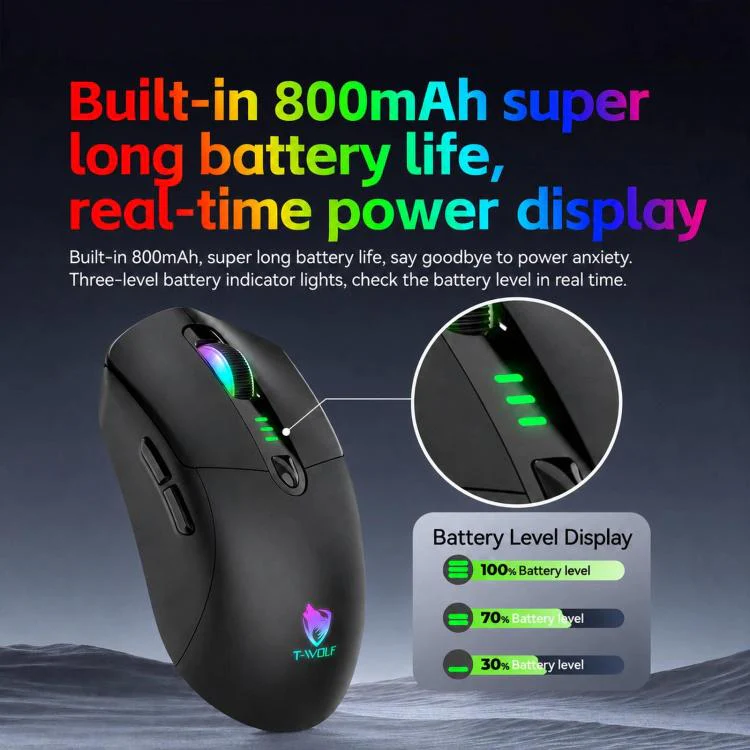 T-WOLF X5 Tri-Mode Wireless Gaming Mouse 12800 DPI Adjustable Rechargeable Gamer Mouse With RGB Backlit(Black Red) - Image 7