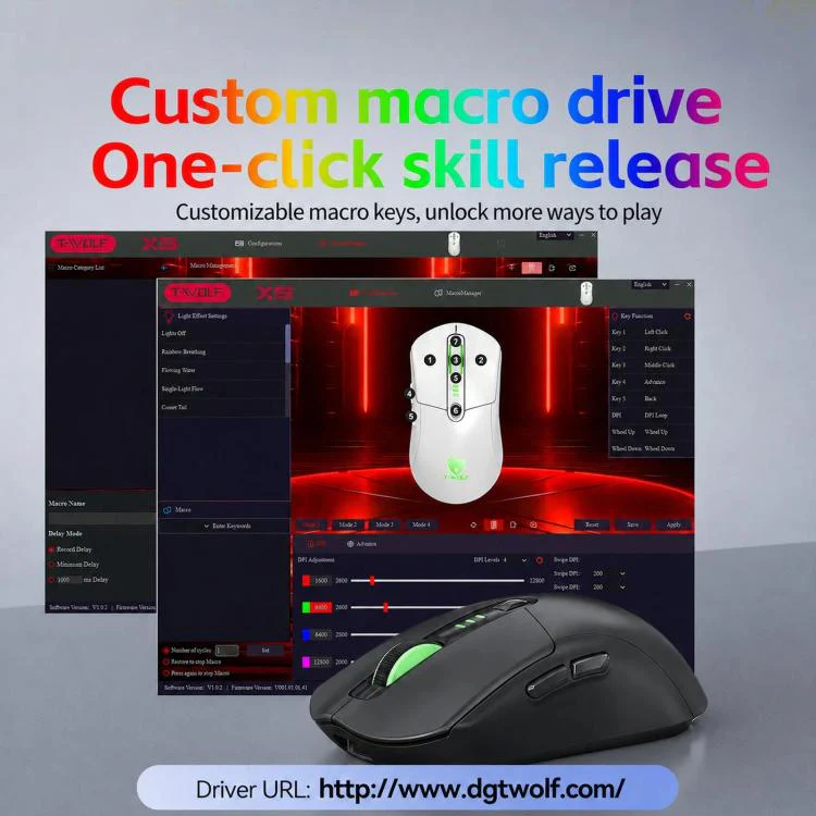 T-WOLF X5 Tri-Mode Wireless Gaming Mouse 12800 DPI Adjustable Rechargeable Gamer Mouse With RGB Backlit(Black Red) - Image 8