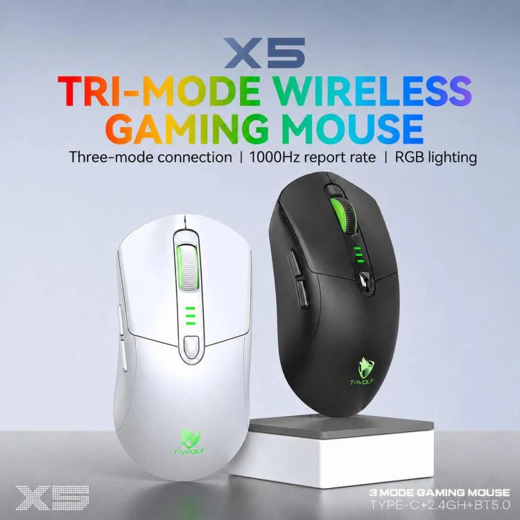 T-WOLF X5 Tri-Mode Wireless Gaming Mouse 12800 DPI Adjustable Rechargeable Gamer Mouse With RGB Backlit(White Purple) - Image 2