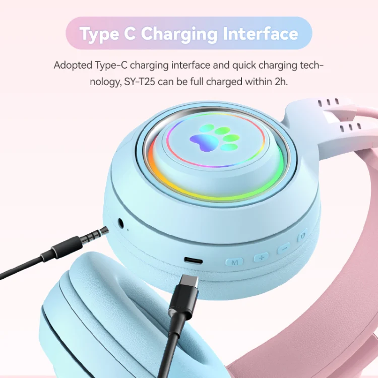T25 RGB Stereo Cat Ear Bluetooth Wireless Headphones with Detachable Microphone(Black) - Image 8