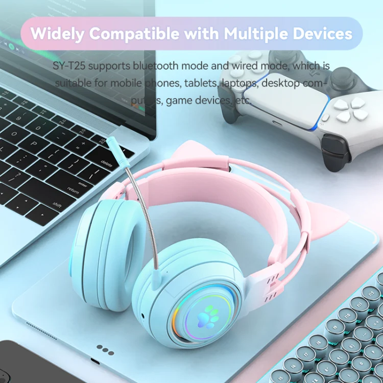 T25 RGB Stereo Cat Ear Bluetooth Wireless Headphones with Detachable Microphone(Blue) - Image 4