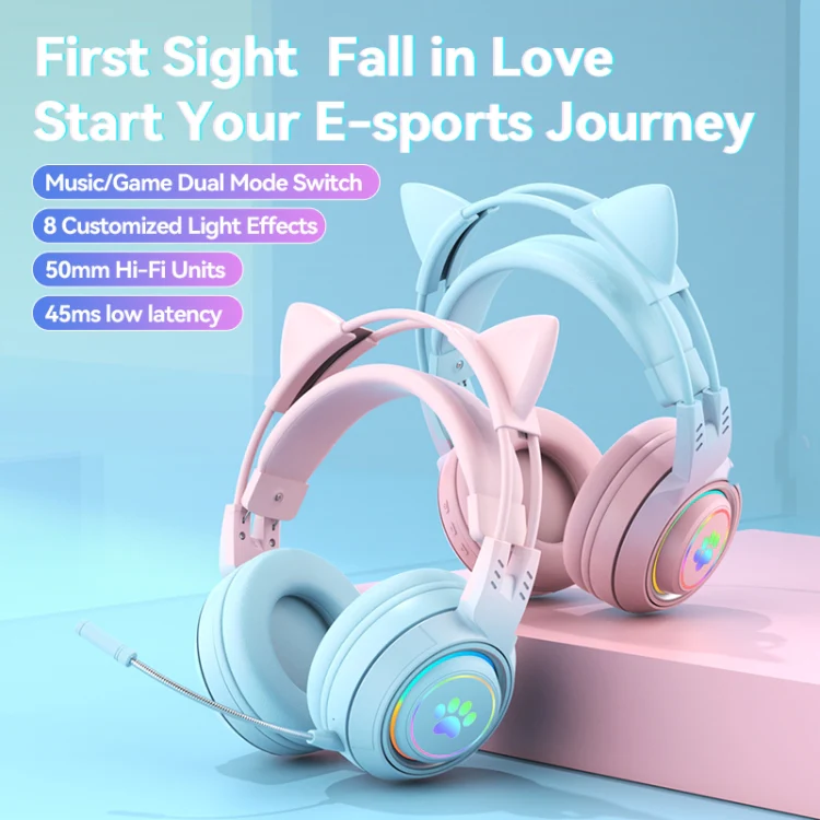 T25 RGB Stereo Cat Ear Bluetooth Wireless Headphones with Detachable Microphone(Pink) - Image 2