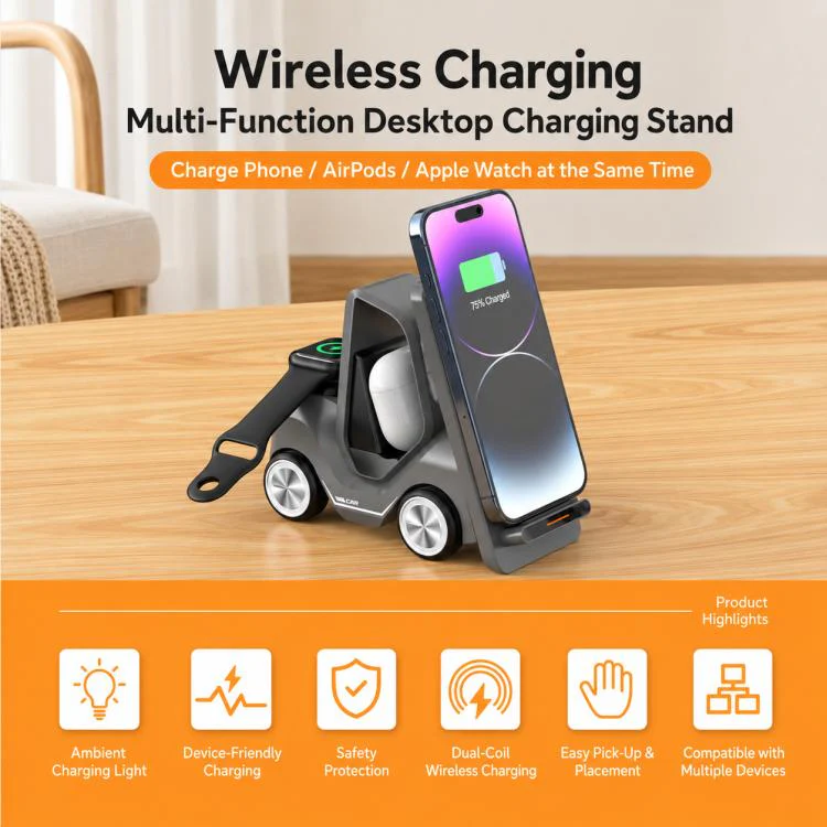T30S 5-in-1 Multifunctional Wireless Charger Car-Style Desktop Phone Holder(Yellow) - Image 2