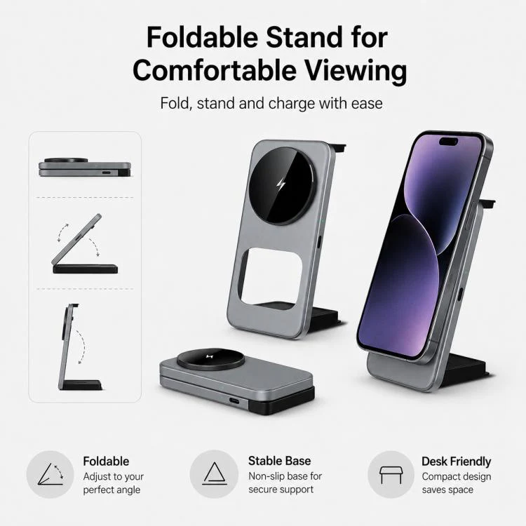 T40 15W 3-in-1 Ultra-Slim Foldable Magnetic Wireless Charging Stand(Spray Silver) - Image 3