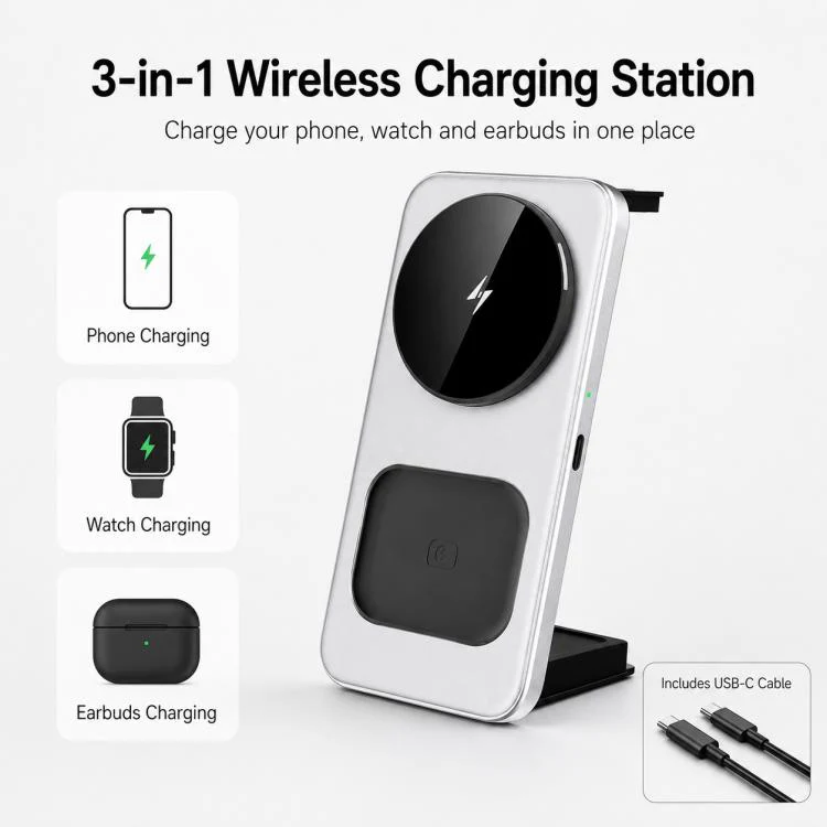 T40 15W 3-in-1 Ultra-Slim Foldable Magnetic Wireless Charging Stand(Spray Silver) - Image 4
