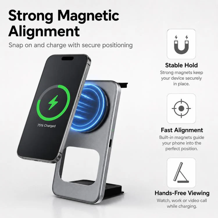 T40 15W 3-in-1 Ultra-Slim Foldable Magnetic Wireless Charging Stand(Spray Silver) - Image 5