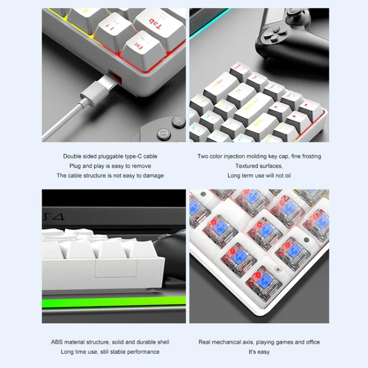 T8 68 Keys Mechanical Gaming Keyboard RGB Backlit Wired Keyboard, Cable Length:1.6m(White RGB Red Shaft) - Image 4