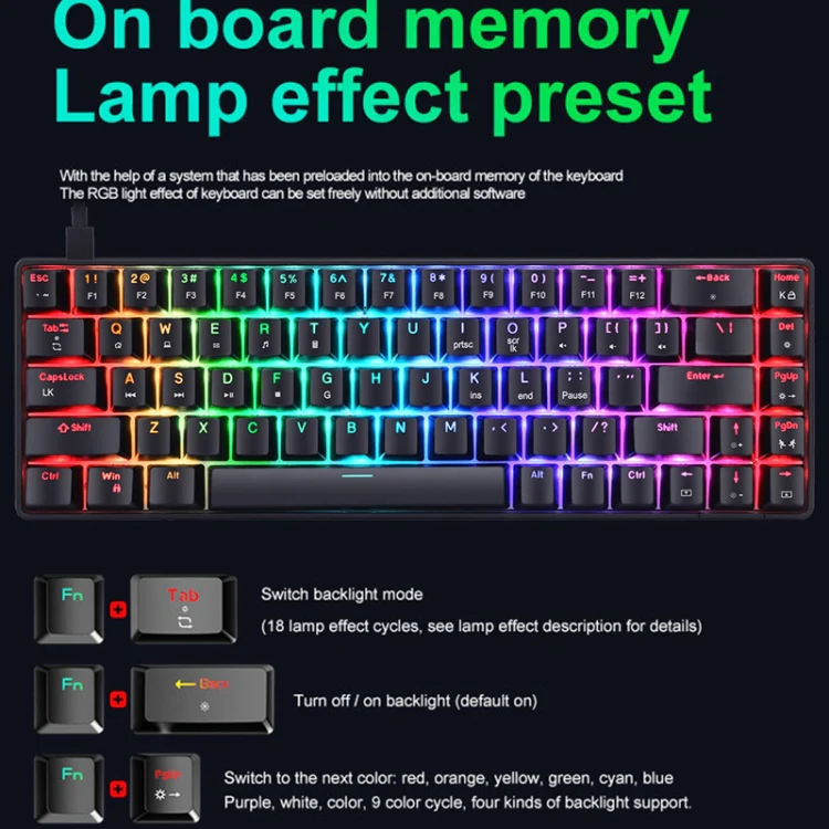 T8 68 Keys Mechanical Gaming Keyboard RGB Backlit Wired Keyboard, Cable Length:1.6m(White RGB Red Shaft) - Image 5