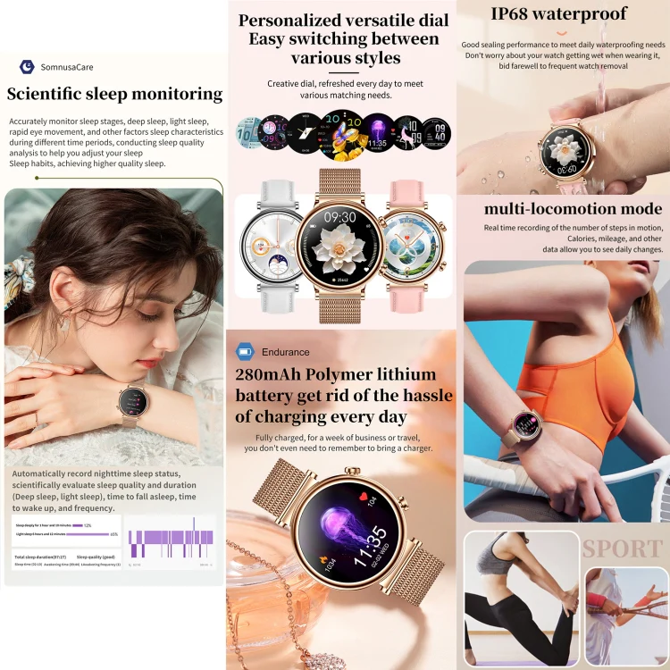 T86 Woman Health 1.27 inch Smart Watch, BT Call / Physiological Cycle / Heart Rate / Blood Pressure / Blood Glucose / SOS(Silver Steel Band) - Image 8