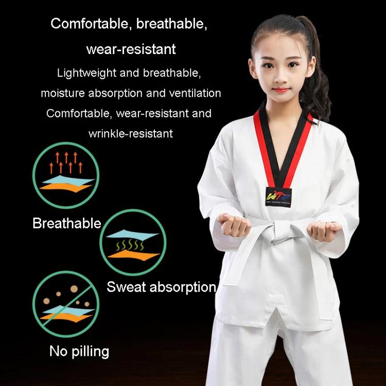 Taekwondo Clothing Child Adult Cotton Men And Women Taekwondo Training Uniforms, Size: 140(Alphabet Collar Short Sleeves) - Image 3