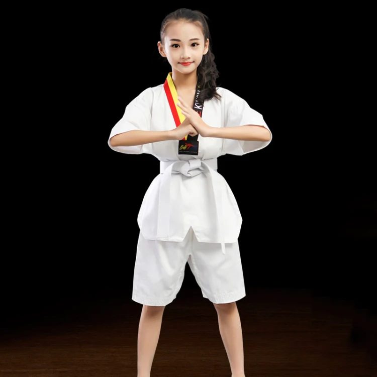 Taekwondo Clothing Child Adult Cotton Men And Women Taekwondo Training Uniforms, Size: 160(Alphabet Collar Short Sleeves)