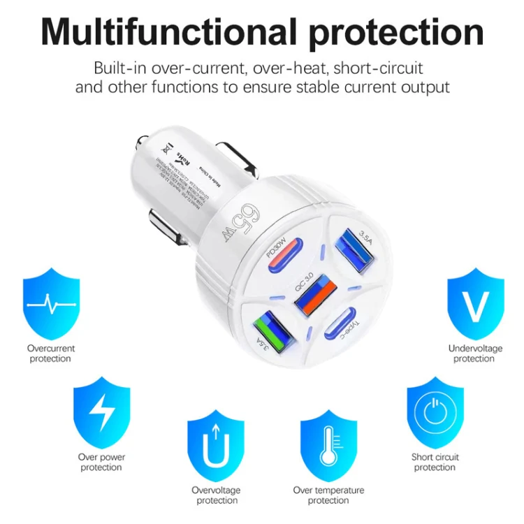 TE-P50 65W PD30W Type-C x 2 + USB x 3 Multi Port Car Charger with 1m Type-C to 8 Pin Data Cable(Black) - Image 6