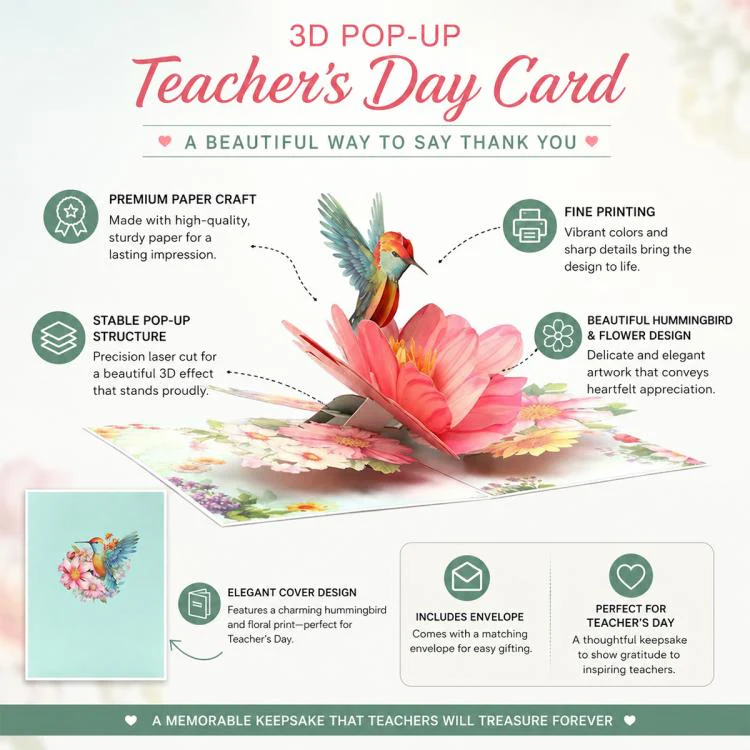 TeacherS Day 3D Paper-Cut Greeting Card(Hummingbird Flower) - Image 8