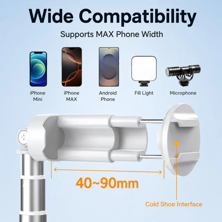 TELESIN 1.7m Auto-Opening Tripod Selfie Stick with Magnetic Remote, Ground-Triggered Phone Tripod Stand with Cold Shoe Mount(White) - Image 12