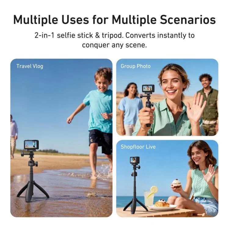 TELESIN Mini Selfie Stick Tripod 3.0 for Action Camera 18-46cm Extendable Aluminum Pole with 360-degree Ball Head(Black) - Image 9