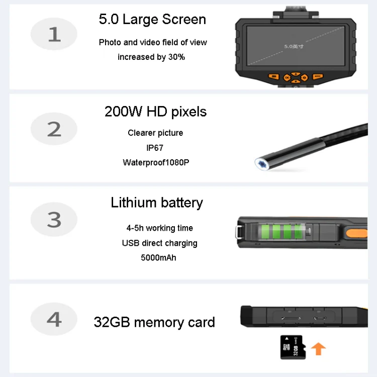 Teslong NTS300 5 Inch HD Large Screen Industrial Inspection Borescope Auto Repair Tools, Specification: 7.6mm-1M - Image 7