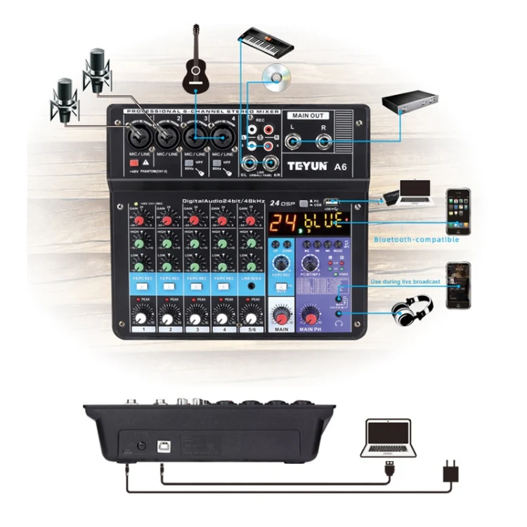 TEYUN NA6 6-channel Small Mixing Console Mobile Phone Sound Card Live Broadcast Computer Recording Console Processor, EU Plug(Black) - Image 4